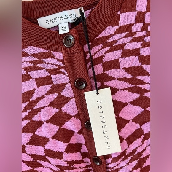 Daydreamer Magenta Wave Abstract Checkered Button Front Cardigan Sweater NWT - Picture 8 of 16